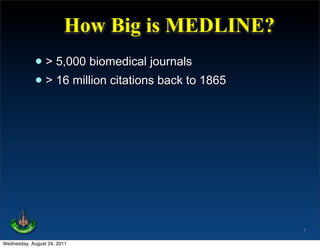 How Big is MEDLINE?
             • > 5,000 biomedical journals
             • > 16 million citations back to 1865




                                                     7

Wednesday, August 24, 2011
 