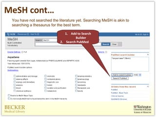 MeSH cont… Add to Search Builder Search PubMed  You have not searched the literature yet. Searching MeSH is akin to searching a thesaurus for the best term.  