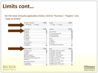 Limits cont… For the most clinically applicable articles, limit to “Humans,” “English,” and “Type of Article” 