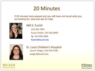 20 Minutes 660 S. Euclid 314-362-7085 Susan Fowler, 314-362-8092 Pg: 314-360-1069 [email_address] St. Louis Children’s Hospital Lauren Yaeger, 314-454-2768 [email_address] If 20 minutes have passed and you still have not found what you are looking for, stop and ask for help.  