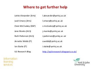 Where to get further help
Lottie Alexander (Arts) l.alexander@yorksj.ac.uk
Leah Emary (Arts) l.emary@yorksj.ac.uk
Clare McCluskey (E&T) c.mccluskey@yorksj.ac.uk
Jane Munks (HLS) j.munks@yorksj.ac.uk
Ruth Patterson (HLS) r.patterson@yorksj.ac.uk
Annette Webb (IT) a.webb@yorksj.ac.uk
Ian Staite (IT) i.staite@yorksj.ac.uk
ILS Research Blog http://ysjilsresearch.blogspot.co.uk/
 