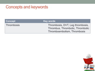 Concepts and keywords
Concept Key words
Thrombosis Thrombosis, DVT, Leg thrombosis,
Thrombus, Thrombotic, Thrombolic
Thromboembolism, Thrombosis
 