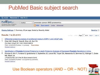PubMed Basic subject search
Use Boolean operators (AND – OR – NOT)
 