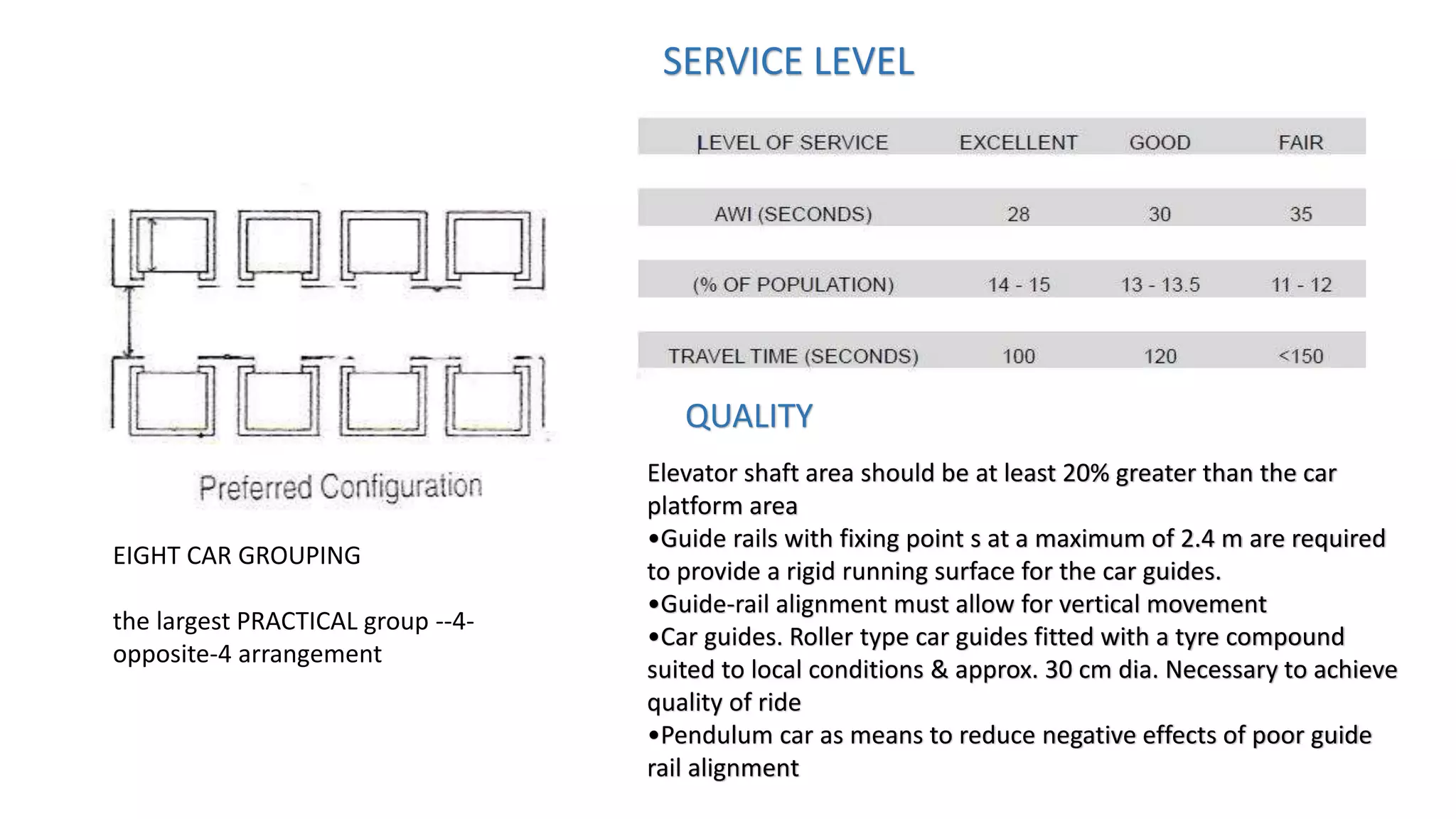 EIGHT CAR GROUPING
the largest PRACTICAL group --4-
opposite-4 arrangement
SERVICE LEVEL
Elevator shaft area should be at least 20% greater than the car
platform area
•Guide rails with fixing point s at a maximum of 2.4 m are required
to provide a rigid running surface for the car guides.
•Guide-rail alignment must allow for vertical movement
•Car guides. Roller type car guides fitted with a tyre compound
suited to local conditions & approx. 30 cm dia. Necessary to achieve
quality of ride
•Pendulum car as means to reduce negative effects of poor guide
rail alignment
QUALITY
 