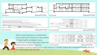 While a learning space is created they
have tried new to stretch our boundaries
of exploring the ecological issues.
Since basements as classrooms were not
allowed they decided to get the
classrooms as well as play spaces to be close to 1.5 meters below the road level whereby the soil
for construction was sourced.
 