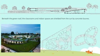 Beneath the green roof, the classrooms and indoor spaces are shielded from the sun by concrete louvres.
 