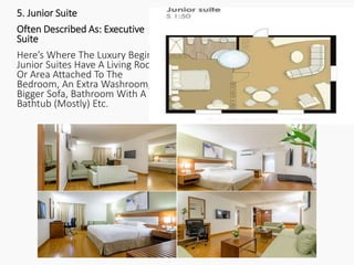 5. Junior Suite
Often Described As: Executive
Suite
Here’s Where The Luxury Begins.
Junior Suites Have A Living Room
Or Area Attached To The
Bedroom, An Extra Washroom,
Bigger Sofa, Bathroom With A
Bathtub (Mostly) Etc.
 