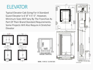 ELEVATOR
Typical Elevator Cab Sizing For A Standard
Guest Elevator Is 6'-8” X 5'-5”. However,
Minimum Sizes Will Vary By The Franchise As
Part Of Their Brand Standard Requirements.
Some Projects Will Also Require A Stretcher
Elevator
 