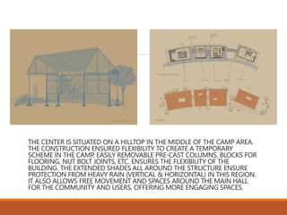 THE CENTER IS SITUATED ON A HILLTOP IN THE MIDDLE OF THE CAMP AREA.
THE CONSTRUCTION ENSURED FLEXIBILITY TO CREATE A TEMPORARY
SCHEME IN THE CAMP
. EASILY REMOVABLE PRE-CAST COLUMNS, BLOCKS FOR
FLOORING, NUT BOLT JOINTS, ETC. ENSURES THE FLEXIBILITY OF THE
BUILDING. THE EXTENDED SHADES ALL AROUND THE STRUCTURE ENSURE
PROTECTION FROM HEAVY RAIN (VERTICAL & HORIZONTAL) IN THIS REGION.
IT ALSO ALLOWS FREE MOVEMENT AND SPACES AROUND THE MAIN HALL
FOR THE COMMUNITY AND USERS, OFFERING MORE ENGAGING SPACES.
 