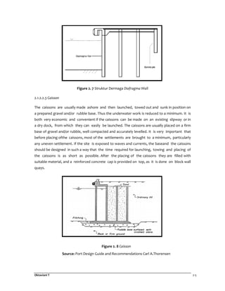 Oktaviani T 2-5
Figure 2. 7 Struktur Dermaga Diafragma Wall
2.1.2.2.3 Caisson
The caissons are usually made ashore and then launched, towed out and sunk in position on
a prepared gravel and/or rubble base. Thus the underwater work is reduced to a minimum. It is
both very economic and convenient if the caissons can be made on an existing slipway or in
a dry dock, from which they can easily be launched. The caissons are usually placed on a firm
base of gravel and/or rubble, well compacted and accurately levelled. It is very important that
before placing ofthe caissons, most of the settlements are brought to a minimum, particularly
any uneven settlement. If the site is exposed to waves and currents, the baseand the caissons
should be designed in such a way that the time required for launching, towing and placing of
the caissons is as short as possible. After the placing of the caissons they are filled with
suitable material, and a reinforced concrete cap is provided on top, as it is done on block wall
quays.
Figure 2. 8 Caisson
Source: Port Design Guide and Recommendations Carl A.Thorensen
 