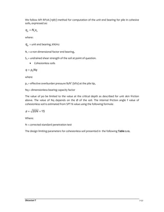 Oktaviani T 2-52
We follow API RP2A (1987) method for computation of the unit end bearing for pile in cohesive
soils, expressed as:
p c uq N s=
where:
pq = unit end bearing, kN/m2
Nc = a non dimensional factor end bearing,
Su = undrained shear strength of the soil at point of question.
• Cohesionless soils
0q p Nq=
where
p0 = effective overburden pressure lb/ft2
(kPa) at the pile tip,
Nq = dimensionless bearing capacity factor
The value of po be limited to the value at the critical depth as described for unit skin friction
above. The value of Nq depends on the Ø of the soil. The internal friction angle f value of
cohesionless soil is estimated from SPT N value using the following formula:
20 15Nφ = +
Where:
N = corrected standard penetration test
The design limiting parameters for cohesionless soil presented in the following Table 2.12.
 