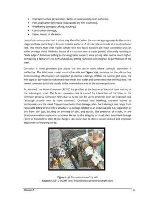 Oktaviani T 2-69
• Improper surface preparation (damp or inadequately clean surfaces),
• Poor application technique (inadequate dry film thickness),
• Weathering damage (calking, cracking),
• Construction damage,
• Vessel impact or abrasion.
Loss of corrosion protection is often only identified when the corrosion progresses to the second
stage and base metal begins to rust. Interior surfaces of circular piles corrode at a much-reduced
rate. This means that steel H-piles which have two faces exposed are most vulnerable and can
suffer average metal thickness losses of 0.1-1.4 mm over a 5-year period, ultimately resulting in
"knife edges". Localized pitting is of even greater concern since pitting rates can be much higher,
perhaps by a factor of 5-10. Left unchecked, pitting corrosion will progress to perforation of the
steel.
Corrosion is most prevalent just above the low water mark where cathodic protection is
ineffective. The tidal zone is next most vulnerable see Figure 2.50, moisture on the pile surface
limits bonding effectiveness of reapplied protective coatings. Within the submerged zone, the
first signs of corrosion are observed near mean low water and sometimes near the mud line. The
lowest corrosion activity is usually in the intermediate area of the submerged zone.
Accelerated Low Water Corrosion (ALWC) is a problem at the bottom of the tidal zone and top of
the submerged zone. The faster corrosion rate is caused by interaction of microbes in the
corrosion process. Corrosion rates due to ALWC can be up to 4mm per year per exposed face
(although around 1mm is more common). Overload hard berthing, extreme storms or
earthquakes are the most frequent overloads that damage piles. Such damage can range from
noticeable tilting of the entire structure to damage limited to an individual pile e.g. separation of
pile from pile cap, buckling or twisting of pile, and cracks. The presence of cracks, in any
direction/elevation represents a serious threat to the integrity of steel piles. Localized damage
(bent or twisted) to steel H-pile flanges can occur due to direct vessel contact and improper
attachment of mooring wires.
Figure 2. 50 Corrosion caused by salt
Source: SIGTTO OCIMF Jetty Inspection Maintenance draft 2006
 