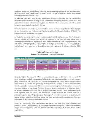 Oktaviani T 2-8
Liquefied Gases in Bulk (the IGC Code). This code also defines cargo properties and documentation,
provided to the ship (the Certificate of Fitness for the Carriage of Liquefied Gases in Bulk), shows
the cargo grades the ship can carry.
In particular this takes into account temperature limitations imposed by the metallurgical
properties of the materials making up the containment and piping systems. It also takes into
account the reactions between various gases and the elements of construction not only on tanks
but also related to pipeline and valve fittings.
When the IGC Code was produced an intermediate code was also developed by the IMO - the Code
for the Construction and Equipment of Ships Carrying Liquefied Gases in Bulk (the GC Code). This
covers ships built between 1977 and 1986.
As alluded to above, gas carriers were in existence before IMO codification and ships built before
1977 are defined as 'existing ships' within the meaning of the rules. To cover these ships a
voluntary code was devised, again by the IMO - the Code for Existing Ships Carrying Liquefied Gases
in Bulk (the Existing Ship Code).Considering the fleet of gas carriers of over 1,000 m3
capacity, the
total of nearly 1,000 ships can be divided into five major types according to the following Table
2.2.
Table 2. 2 The gas carrier fleet
Source: LNG and its carriers from UK PI document.
Cargo carriage in the pressurized fleet comprises double cargo containment - hull and tank. All
other gas carriers are built with a double hull structure and the distance of the inner hull from the
outer is defined in the gas codes. This spacing introduces a vital safety feature to mitigate the
consequences of collision and grounding. Investigation of a number of actual collisions at the
time the gas codes were developed drew conclusions on appropriate hull separations which were
then incorporated in the codes. Collisions do occur within the class and, to date, the codes'
recommendations have stood the test of time, with no penetrations of cargo containment having
been reported from this cause. The double hull concept includes the bottom areas as a
protection against grounding and, again, the designer's foresight has proven of great value in
several serious grounding incidents, saving the crew and surrounding populations from the
consequences of a ruptured containment system.
Herein lays a distinctive difference between gas carriers and their sisters, the oil tankers and
chemical carriers. Cargo tanks may be of the independent self-supporting type or of a membrane
design. The self-supporting tanks are defined in the IGC Code as type A, B and C, these are the
explanation:
 