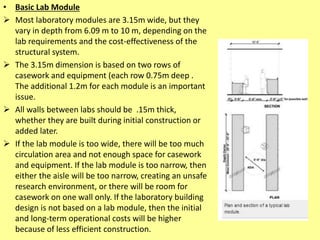 • Basic Lab Module
 Most laboratory modules are 3.15m wide, but they
vary in depth from 6.09 m to 10 m, depending on the
lab requirements and the cost-effectiveness of the
structural system.
 The 3.15m dimension is based on two rows of
casework and equipment (each row 0.75m deep .
The additional 1.2m for each module is an important
issue.
 All walls between labs should be .15m thick,
whether they are built during initial construction or
added later.
 If the lab module is too wide, there will be too much
circulation area and not enough space for casework
and equipment. If the lab module is too narrow, then
either the aisle will be too narrow, creating an unsafe
research environment, or there will be room for
casework on one wall only. If the laboratory building
design is not based on a lab module, then the initial
and long-term operational costs will be higher
because of less efficient construction.
 