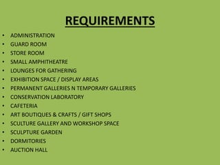 REQUIREMENTS
• ADMINISTRATION
• GUARD ROOM
• STORE ROOM
• SMALL AMPHITHEATRE
• LOUNGES FOR GATHERING
• EXHIBITION SPACE / DISPLAY AREAS
• PERMANENT GALLERIES N TEMPORARY GALLERIES
• CONSERVATION LABORATORY
• CAFETERIA
• ART BOUTIQUES & CRAFTS / GIFT SHOPS
• SCULTURE GALLERY AND WORKSHOP SPACE
• SCULPTURE GARDEN
• DORMITORIES
• AUCTION HALL
 