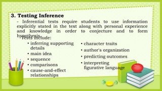 3. Testing Inference
- Inferential tests require students to use information
explicitly stated in the text along with pers...