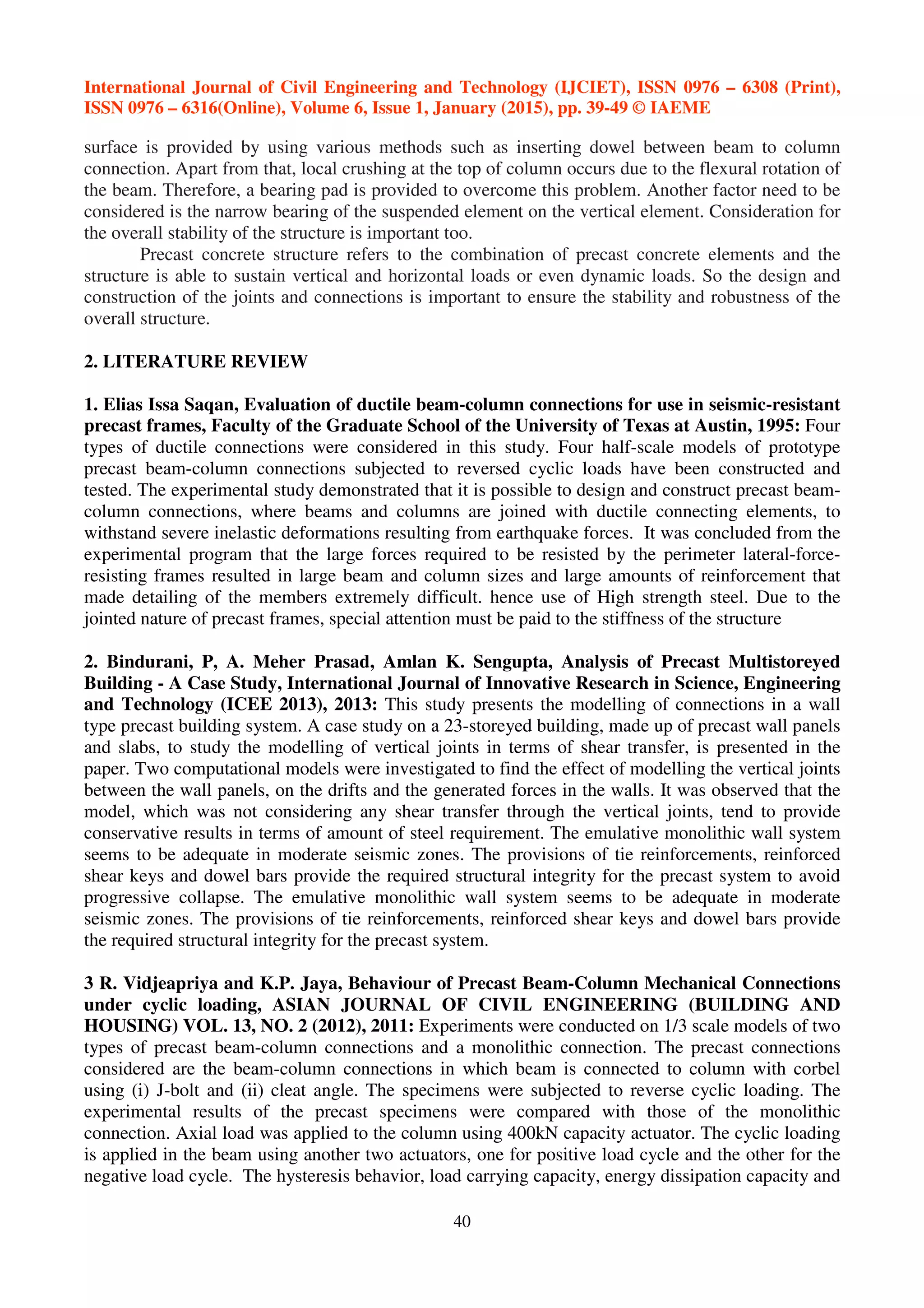 Literature work study of precast concrete connections in seismic | PDF