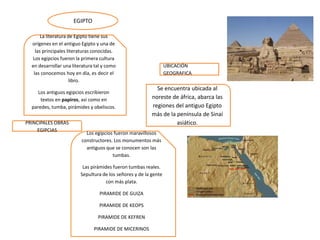 EGIPTO
La literatura de Egipto tiene sus
orígenes en el antiguo Egipto y una de
las principales literaturas conocidas.
Los egipcios fueron la primera cultura
en desarrollar una literatura tal y como
las conocemos hoy en día, es decir el
libro.
Los antiguos egipcios escribieron
textos en papiros, así como en
paredes, tumba, pirámides y obeliscos.
PRINCIPALES OBRAS
EGIPCIAS

UBICACIÓN
GEOGRAFICA

Se encuentra ubicada al
noreste de áfrica, abarca las
regiones del antiguo Egipto
más de la península de Sinaí
asiático.

Los egipcios fueron maravillosos
constructores. Los monumentos más
antiguos que se conocen son las
tumbas.
Las pirámides fueron tumbas reales.
Sepultura de los señores y de la gente
con más plata.
PIRAMIDE DE GUIZA
PIRAMIDE DE KEOPS
PIRAMIDE DE KEFREN
PIRAMIDE DE MICERINOS

 