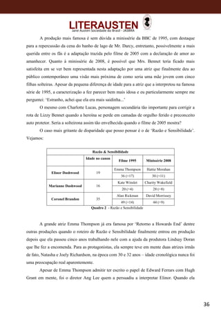 36
Jane Austen Sociedade do Brasil - JASBRA
A produção mais famosa é sem dúvida a minissérie da BBC de 1995, com destaque
para a repercussão da cena do banho de lago de Mr. Darcy, entretanto, possivelmente a mais
querida entre os fãs é a adaptação trazida pelo filme de 2005 com a declaração de amor ao
amanhecer. Quanto à minissérie de 2008, é possível que Mrs. Bennet teria ficado mais
satisfeita em se ver bem representada nesta adaptação por uma atriz que finalmente deu ao
público contemporâneo uma visão mais próxima de como seria uma mãe jovem com cinco
filhas solteiras. Apesar da pequena diferença de idade para a atriz que a interpretou na famosa
série de 1995, a caracterização a fez parecer bem mais idosa e eu particularmente sempre me
perguntei: ‘Estranho, achei que ela era mais saidinha...’
O mesmo com Charlotte Lucas, personagem secundária tão importante para corrigir a
rota de Lizzy Bennet quando a heroína se perde em camadas de orgulho ferido e preconceito
auto protetor. Seria a solteirona assim tão envelhecida quando o filme de 2005 mostra?
O caso mais gritante de disparidade que posso pensar é o de ‘Razão e Sensibilidade’.
Vejamos:
Razão & Sensibilidade
Idade no canon
Filme 1995 Minissérie 2008
Elinor Dashwood 19
Emma Thompson Hattie Morahan
36 (+17) 30 (+11)
Marianne Dashwood 16
Kate Winslet Charity Wakefield
20 (+4) 28 (+8)
Coronel Brandon 35
Alan Rickman David Morrissey
49 (+14) 44 (+9)
Quadro 2 - Razão e Sensibilidade
A grande atriz Emma Thompson já era famosa por ‘Retorno a Howards End’ dentre
outras produções quando o roteiro de Razão e Sensibilidade finalmente entrou em produção
depois que ela passou cinco anos trabalhando nele com a ajuda da produtora Lindsay Doran
que lhe fez a encomenda. Para as protagonistas, ela sempre teve em mente duas atrizes irmãs
de fato, Natasha e Joely Richardson, na época com 30 e 32 anos – idade cronológica nunca foi
uma preocupação real aparentemente.
Apesar de Emma Thompson admitir ter escrito o papel de Edward Ferrars com Hugh
Grant em mente, foi o diretor Ang Lee quem a persuadiu a interpretar Elinor. Quando ela
 
