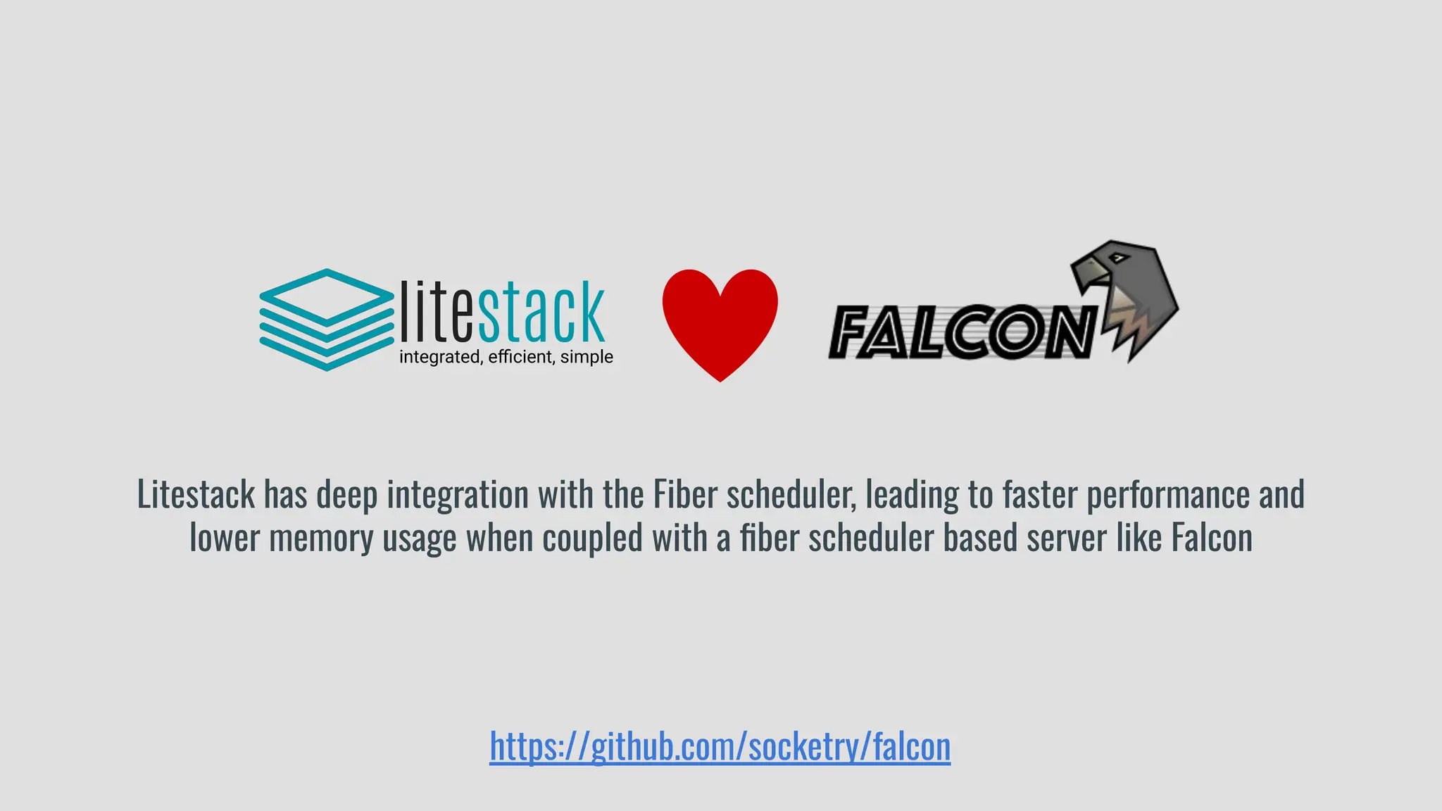 litestack
integrated, eﬃcient, simple
Litestack has deep integration with the Fiber scheduler, leading to faster performance and
lower memory usage when coupled with a ﬁber scheduler based server like Falcon
https://github.com/socketry/falcon
 
