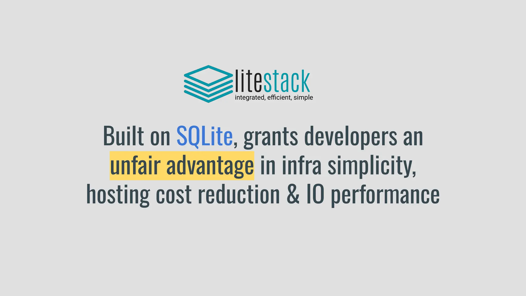 litestack
integrated, eﬃcient, simple
Built on SQLite, grants developers an
unfair advantage in infra simplicity,
hosting cost reduction & IO performance
 