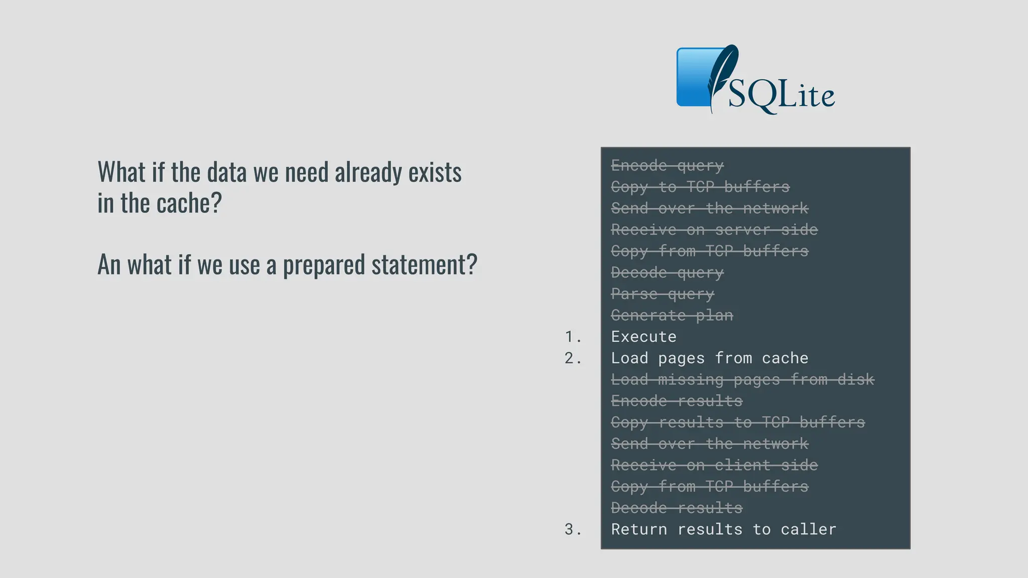Encode query
Copy to TCP buffers
Send over the network
Receive on server side
Copy from TCP buffers
Decode query
Parse query
Generate plan
Execute
Load pages from cache
Load missing pages from disk
Encode results
Copy results to TCP buffers
Send over the network
Receive on client side
Copy from TCP buffers
Decode results
Return results to caller
What if the data we need already exists
in the cache?
An what if we use a prepared statement?
1.
2.
3.
 