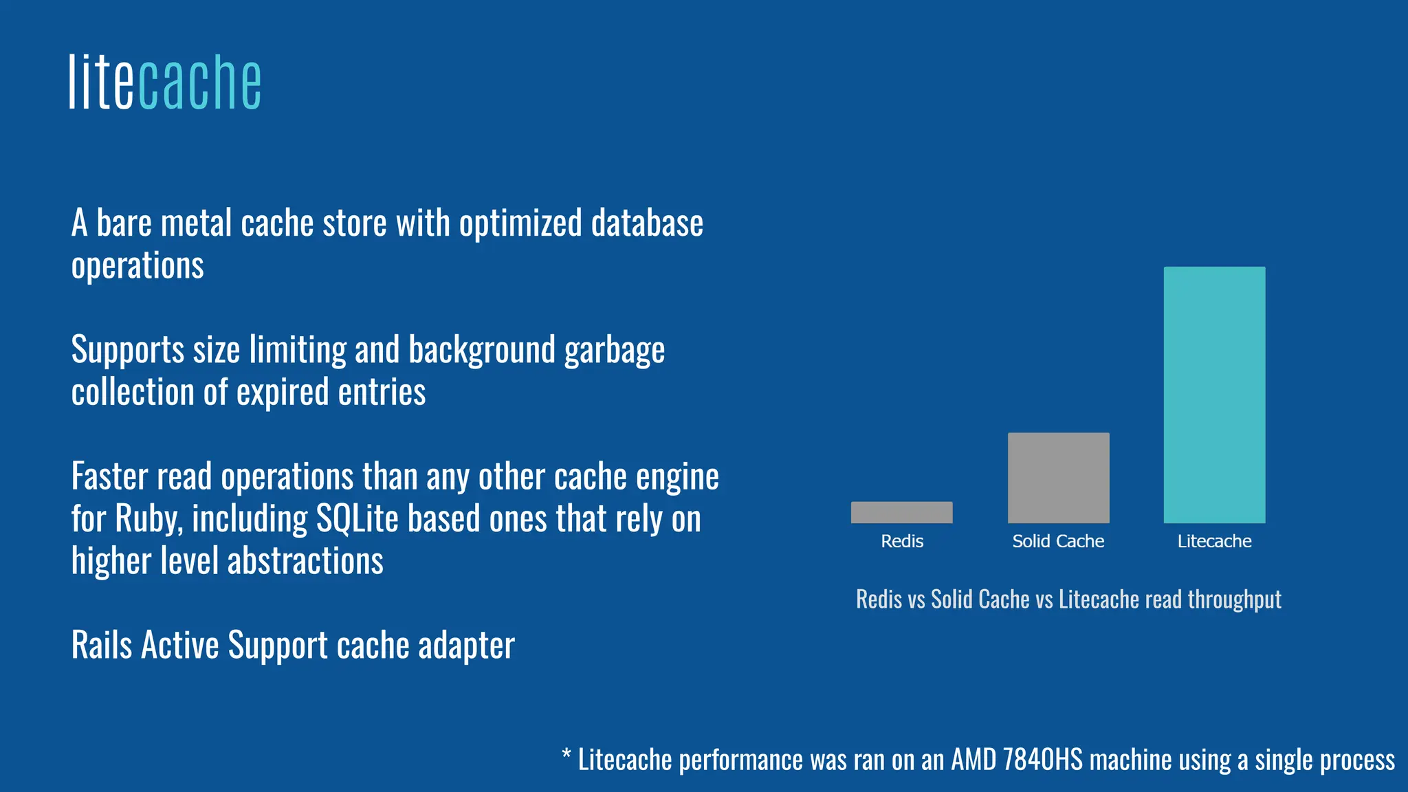 litecache
A bare metal cache store with optimized database
operations
Supports size limiting and background garbage
collection of expired entries
Faster read operations than any other cache engine
for Ruby, including SQLite based ones that rely on
higher level abstractions
Rails Active Support cache adapter
Redis vs Solid Cache vs Litecache read throughput
* Litecache performance was ran on an AMD 7840HS machine using a single process
 