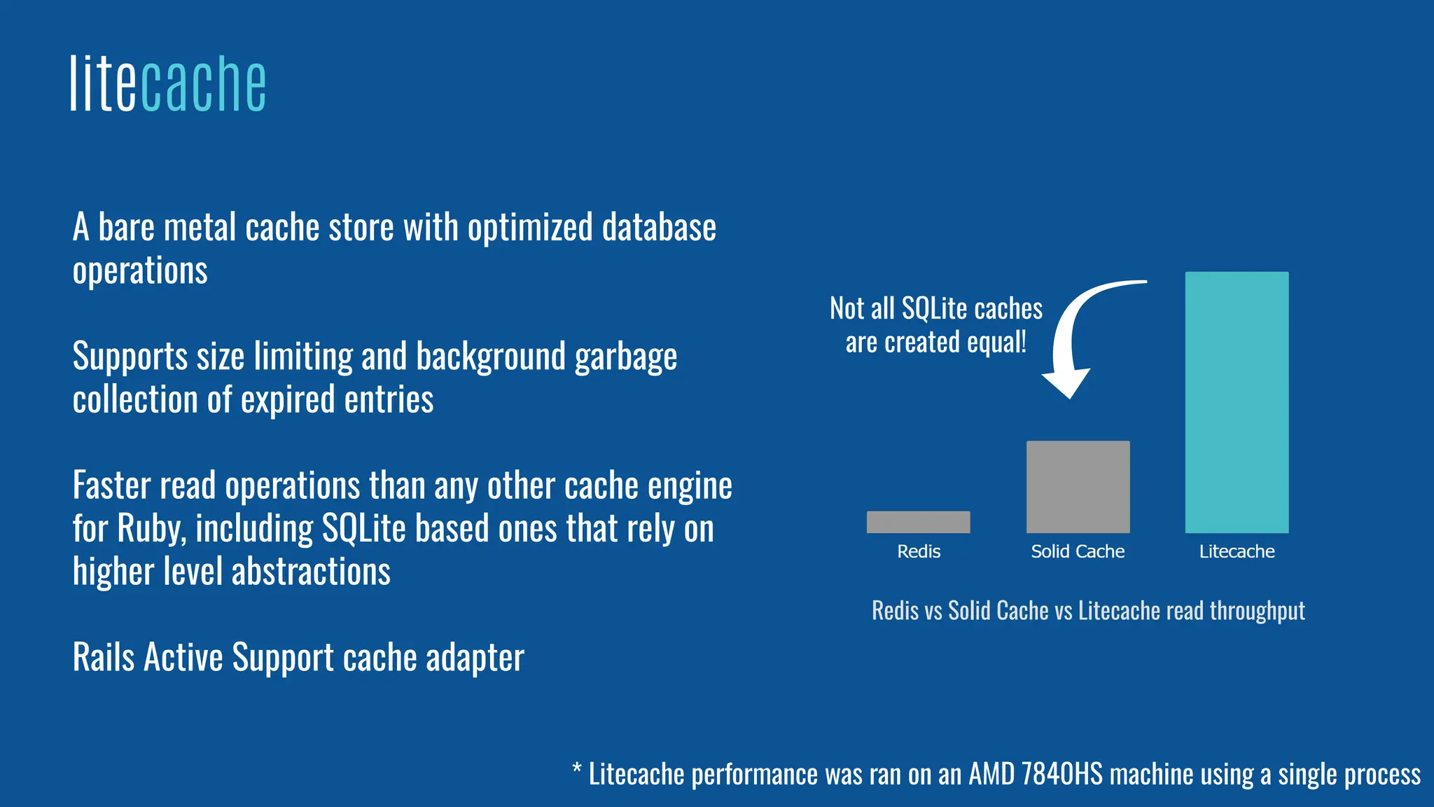 litecache
A bare metal cache store with optimized database
operations
Supports size limiting and background garbage
collection of expired entries
Faster read operations than any other cache engine
for Ruby, including SQLite based ones that rely on
higher level abstractions
Rails Active Support cache adapter
Redis vs Solid Cache vs Litecache read throughput
Not all SQLite caches
are created equal!
* Litecache performance was ran on an AMD 7840HS machine using a single process
 