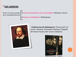 Géneros:● Comedia: Característica por la sutileza del enredo.● Tragedia: Suscita la compasión, la emoción,...Este género será magnificado por Shakespeare.● Tragicomedias: Nos dificulta separar el drama de la tragedia.● Temashistoricos: Génerocaracterístico del TeatroIsabelino; algunas de estasobraseducarán la conciencia popular.