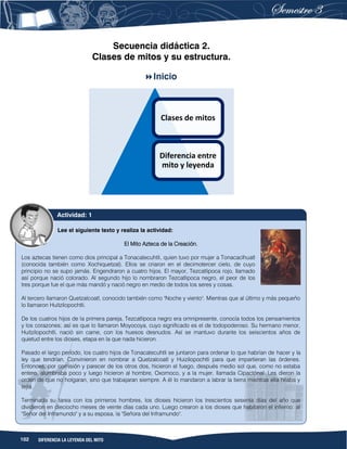 102 DIFERENCIA LA LEYENDA DEL MITO
Secuencia didáctica 2.
Clases de mitos y su estructura.
Inicio
Clases de mitos
Diferencia entre
mito y leyenda
Lee el siguiente texto y realiza la actividad:
El Mito Azteca de la Creación.
Los aztecas tienen como dios principal a Tonacatecuhtli, quien tuvo por mujer a Tonacacíhuatl
(conocida también como Xochiquetzal). Ellos se criaron en el decimotercer cielo, de cuyo
principio no se supo jamás. Engendraron a cuatro hijos. El mayor, Tezcatlipoca rojo, llamado
así porque nació colorado. Al segundo hijo lo nombraron Tezcatlipoca negro, el peor de los
tres porque fue el que más mandó y nació negro en medio de todos los seres y cosas.
Al tercero llamaron Quetzalcoatl, conocido también como "Noche y viento". Mientras que al último y más pequeño
lo llamaron Huitzilopochtli.
De los cuatros hijos de la primera pareja, Tezcatlipoca negro era omnipresente, conocía todos los pensamientos
y los corazones; así es que lo llamaron Moyocoya, cuyo significado es el de todopoderoso. Su hermano menor,
Huitzilopochtli, nació sin carne, con los huesos desnudos. Así se mantuvo durante los seiscientos años de
quietud entre los dioses, etapa en la que nada hicieron.
Pasado el largo período, los cuatro hijos de Tonacatecuhtli se juntaron para ordenar lo que habrían de hacer y la
ley que tendrían. Convinieron en nombrar a Quetzalcoatl y Huizilopochtli para que impartieran las órdenes.
Entonces, por comisión y parecer de los otros dos, hicieron el fuego, después medio sol que, como no estaba
entero, alumbraba poco y luego hicieron al hombre, Oxomoco, y a la mujer, llamada Cipactónal. Les dieron la
orden de que no holgaran, sino que trabajaran siempre. A él lo mandaron a labrar la tierra mientras ella hilaba y
tejía.
Terminada su tarea con los primeros hombres, los dioses hicieron los trescientos sesenta días del año que
dividieron en dieciocho meses de veinte días cada uno. Luego crearon a los dioses que habitaron el infierno: al
"Señor del Inframundo" y a su esposa, la "Señora del Inframundo".
Actividad: 1
 