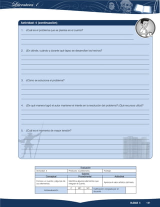 131BLOQUE 5
Evaluación
Actividad: 4 Producto: Cuestionario. Puntaje:
Saberes
Conceptual Procedimental Actitudinal
Conoce un cuento y algunos de
sus elementos.
Identifica algunos elementos que
integran el cuento.
Aprecia el valor artístico del texto.
Autoevaluación
C MC NC Calificación otorgada por el
docente
1. ¿Cuál es el problema que se plantea en el cuento?
______________________________________________________________________________________
______________________________________________________________________________________
__________________________________________________________________________________________________
2. ¿En dónde, cuándo y durante qué lapso se desarrollan los hechos?
__________________________________________________________________________________________________
__________________________________________________________________________________________________
__________________________________________________________________________________________________
__________________________________________________________________________________________________
__________________________________________________________________________________________________
3. ¿Cómo se soluciona el problema?
__________________________________________________________________________________________________
__________________________________________________________________________________________________
__________________________________________________________________________________________________
__________________________________________________________________________________________________
4. ¿De qué manera logró el autor mantener el interés en la resolución del problema? ¿Qué recursos utilizó?
__________________________________________________________________________________________________
__________________________________________________________________________________________________
__________________________________________________________________________________________________
__________________________________________________________________________________________________
5. ¿Cuál es el momento de mayor tensión?
__________________________________________________________________________________________________
__________________________________________________________________________________________________
__________________________________________________________________________________________________
__________________________________________________________________________________________________
__________________________________________________________________________________________________
Actividad: 4 (continuación)
 