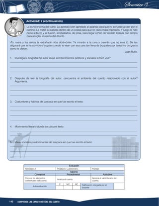 142 COMPRENDE LAS CARACTERÍSTICAS DEL CUENTO
Evaluación
Actividad: 2 Producto: Cuestionario. Puntaje:
Saberes
Conceptual Procedimental Actitudinal
Conoce los elementos
contextuales del cuento.
Analiza el cuento.
Aprecia el valor literario del
cuento.
Autoevaluación
C MC NC Calificación otorgada por el
docente
Lo echó encima del burro. Lo apretaló bien apretado al aparejo para que no se fuese a caer por el
camino. Le metió su cabeza dentro de un costal para que no diera mala impresión. Y luego le hizo
pelos al burro y se fueron, arrebiatados, de prisa, para llegar a Palo de Venado todavía con tiempo
para arreglar el velorio del difunto.
-Tu nuera y los nietos te extrañarán -iba diciéndole-. Te mirarán a la cara y creerán que no eres tú. Se les
afigurará que te ha comido el coyote cuando te vean con esa cara tan llena de boquetes por tanto tiro de gracia
como te dieron.
Juan Rulfo.
1. Investiga la biografía del autor ¿Qué acontecimientos políticos y sociales le tocó vivir?
__________________________________________________________________________________________________
__________________________________________________________________________________________________
__________________________________________________________________________________________________
2. Después de leer la biografía del autor, ¿encuentra el ambiente del cuento relacionado con el autor?
Argumenta.
__________________________________________________________________________________________________
__________________________________________________________________________________________________
__________________________________________________________________________________________________
3. Costumbres y hábitos de la época en que fue escrito el texto:
__________________________________________________________________________________________________
__________________________________________________________________________________________________
__________________________________________________________________________________________________
__________________________________________________________________________________________________
4. Movimiento literario donde se ubica el texto:
__________________________________________________________________________________________________
__________________________________________________________________________________________________
5. Ideas sociales predominantes de la época en que fue escrito el texto:
__________________________________________________________________________________________________
__________________________________________________________________________________________________
__________________________________________________________________________________________________
Actividad: 2 (continuación)
 