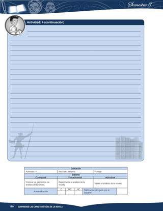 180 COMPRENDE LAS CARACTERÍSTICAS DE LA NOVELA
 
Evaluación
Actividad: 4 Producto: Reseña. Puntaje:
Saberes
Conceptual Procedimental Actitudinal
Conoce los elementos de
análisis de la novela.
Experimenta el análisis de la
novela.
Valora el análisis de la novela.
Autoevaluación
C MC NC Calificación otorgada por el
docente
_____________________________________________________________________________________
_____________________________________________________________________________________
__________________________________________________________________________________________________
__________________________________________________________________________________________________
__________________________________________________________________________________________________
__________________________________________________________________________________________________
__________________________________________________________________________________________________
__________________________________________________________________________________________________
__________________________________________________________________________________________________
__________________________________________________________________________________________________
__________________________________________________________________________________________________
__________________________________________________________________________________________________
__________________________________________________________________________________________________
__________________________________________________________________________________________________
__________________________________________________________________________________________________
__________________________________________________________________________________________________
__________________________________________________________________________________________________
__________________________________________________________________________________________________
__________________________________________________________________________________________________
__________________________________________________________________________________________________
__________________________________________________________________________________________________
__________________________________________________________________________________________________
__________________________________________________________________________________________________
__________________________________________________________________________________________________
__________________________________________________________________________________________________
__________________________________________________________________________________________________
__________________________________________________________________________________________________
Actividad: 4 (continuación)
 