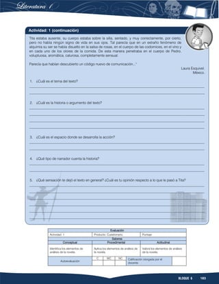 183BLOQUE 6
Evaluación
Actividad: 1 Producto: Cuestionario. Puntaje:
Saberes
Conceptual Procedimental Actitudinal
Identifica los elementos de
análisis de la novela.
Aplica los elementos de análisis de
la novela.
Valora los elementos de análisis
de la novela.
Autoevaluación
C MC NC Calificación otorgada por el
docente
Tita estaba ausente, su cuerpo estaba sobre la silla, sentado, y muy correctamente, por cierto,
pero no había ningún signo de vida en sus ojos. Tal parecía que en un extraño fenómeno de
alquimia su ser se había disuelto en la salsa de rosas, en el cuerpo de las codornices, en el vino y
en cada uno de los olores de la comida. De esta manera penetraba en el cuerpo de Pedro,
voluptuosa, aromática, calurosa, completamente sensual.
Parecía que habían descubierto un código nuevo de comunicación..."
Laura Esquivel.
México.
1. ¿Cuál es el tema del texto?
__________________________________________________________________________________________________
__________________________________________________________________________________________________
2. ¿Cuál es la historia o argumento del texto?
__________________________________________________________________________________________________
__________________________________________________________________________________________________
__________________________________________________________________________________________________
__________________________________________________________________________________________________
3. ¿Cuál es el espacio donde se desarrolla la acción?
__________________________________________________________________________________________________
__________________________________________________________________________________________________
4. ¿Qué tipo de narrador cuenta la historia?
__________________________________________________________________________________________________
__________________________________________________________________________________________________
5. ¿Qué sensación te dejó el texto en general? ¿Cuál es tu opinión respecto a lo que le pasó a Tita?
__________________________________________________________________________________________________
__________________________________________________________________________________________________
__________________________________________________________________________________________________
__________________________________________________________________________________________________
__________________________________________________________________________________________________
__________________________________________________________________________________________________
Actividad: 1 (continuación)
 