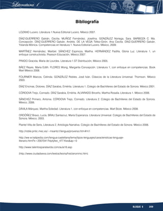 209BLOQUE 6
Bibliografía
LOZANO Lucero. Literatura 1.Nueva Editorial Lucero, México 2007.
DÍAZ-GUERRERO Galván, Cecilia. MUÑOZ Fernández, Josefina. GONZÁLEZ Noriega, Sara. BARBOZA C. Ma.
Concepción. DÍAZ-GUERRERO Galván, Andrés. DE LA VEGA Téllez-Girón, Ana Cecilia. DÍAZ-GUERRERO Galván,
Yolanda Mónica. Competencias en literatura 1. Nueva Editorial Lucero. México, 2009.
MARTÍNEZ Hernández, Maribel. SÁNCHEZ Espinoza, Martha. HERNÁNDEZ Padilla, Gloria Luz. Literatura 1, un
enfoque constructivista. Pearson Educación, México 2007.
PRADO Gracida, María de Lourdes. Literatura 1.ST Distribución, México 2005.
BÁEZ Reyes, María Edith. FLORES Wong, Margarita Concepción. Literatura 1, con enfoque en competencias. Book
Mart México 2008.
FOURNIER Marcos, Celinda. GONZÁLEZ Robles, José Iván. Clásicos de la Literatura Universal. Thomson. México
2003.
DÍAZ Encinas, Dolores. DÍAZ Sarabia, Emérita. Literatura 1. Colegio de Bachilleres del Estado de Sonora. México 2001.
CÓRDOVA Trejo, Conrado. DÍAZ Sarabia, Emérita. ALVARADO Briceño, Martha Rosalía. Literatura 1. México 2006.
SÁNCHEZ Primero, Antonia. CÓRDOVA Trejo, Conrado. Literatura 2. Colegio de Bachilleres del Estado de Sonora.
México, 2006.
DÁVILA Márquez, Martha Soledad. Literatura 1, con enfoque en competencias. Mart Book. México 2008.
ORDÓÑEZ Bravo, Lucía. BRAU Santacruz, María Esperanza. Literatura Universal. Colegio de Bachilleres del Estado de
Sonora. México, 2003.
Plantel Villa de Seris, Literatura 2, Antología Narrativa. Colegio de Bachilleres del Estado de Sonora. México 2006.
http://roble.pntic.mec.es/~msanto1/lengua/proverso.htm#m1
http://ww w.kalipedia.com/lengua-castellana/tema/tipos-lenguajes/caracteristicas-lenguaje-
literario.html?x=20070417klplyllec_477.Kes&ap=0
http://www.talentosparalavida.com/aula16.asp
(http://www.ciudadseva.com/textos/teoria/hist/anonimo.htm)
 
