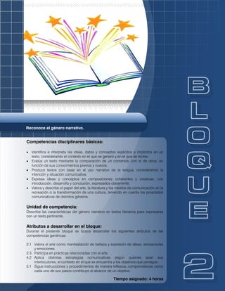 Reconoce el género narrativo.
Competencias disciplinares básicas:
 Identifica e interpreta las ideas, datos y conceptos explícitos e implícitos en un
texto, considerando el contexto en el que se generó y en el que se recibe.
 Evalúa un texto mediante la comparación de un contenido con el de otros, en
función de sus conocimientos previos y nuevos.
 Produce textos con base en el uso narrativo de la lengua, considerando la
intención y situación comunicativa.
 Expresa ideas y conceptos en composiciones coherentes y creativas, con
introducción, desarrollo y conclusión, expresados claramente.
 Valora y describe el papel del arte, la literatura y los medios de comunicación en la
recreación o la transformación de una cultura, teniendo en cuenta los propósitos
comunicativos de distintos géneros.
Unidad de competencia:
Describe las características del género narrativo en textos literarios para expresarse
con un texto pertinente.
Atributos a desarrollar en el bloque:
Durante el presente bloque se busca desarrollar los siguientes atributos de las
competencias genéricas:
2.1 Valora el arte como manifestación de belleza y expresión de ideas, sensaciones
y emociones.
2.3 Participa en prácticas relacionadas con el arte.
4.2 Aplica distintas estrategias comunicativas según quienes sean sus
interlocutores, el contexto en el que se encuentra y los objetivos que persigue.
5.1 Sigue instrucciones y procedimientos de manera reflexiva, comprendiendo como
cada uno de sus pasos contribuye al alcance de un objetivo.
Tiempo asignado: 4 horas
 