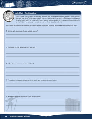 84 DIFERENCIA LA FÁBULA DE LA EPOPEYA
Mas, cuando la fúlgida luz del sol llegó al ocaso, los dioses fueron a recogerse a sus respectivos
palacios, que había construido Hefesto, el ilustre cojo de ambos pies, con sabia inteligencia. Zeus
olímpico, fulminador, se encaminó al lecho donde acostumbraba dormir cuando el dulce sueño le
vencía. Subió y acostóse; y a su lado descansó Hera, la de áureo trono.
(http://www.bibliotecasvirtuales.com/biblioteca/OtrosAutoresdelaLiteraturaUniversal/Homero/Iliada/index.asp)
1. ¿Entre qué pueblos se lleva a cabo la guerra?
__________________________________________________________________________________________________
__________________________________________________________________________________________________
__________________________________________________________________________________________________
__________________________________________________________________________________________________
2. ¿Quiénes son los héroes de esta epopeya?
__________________________________________________________________________________________________
__________________________________________________________________________________________________
__________________________________________________________________________________________________
__________________________________________________________________________________________________
3. ¿Qué dioses intervienen en el conflicto?
__________________________________________________________________________________________________
__________________________________________________________________________________________________
__________________________________________________________________________________________________
__________________________________________________________________________________________________
4. Anota tres hechos que aparezcan en el relato que consideres maravillosos:
__________________________________________________________________________________________________
__________________________________________________________________________________________________
__________________________________________________________________________________________________
__________________________________________________________________________________________________
5. Anota dos hechos verosímiles y dos inverosímiles:
__________________________________________________________________________________________________
__________________________________________________________________________________________________
__________________________________________________________________________________________________
__________________________________________________________________________________________________
Actividad: 4 (continuación)
 