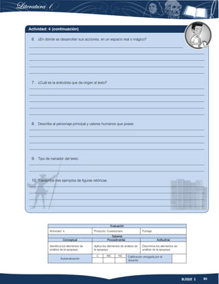 85BLOQUE 3
Evaluación
Actividad: 4 Producto: Cuestionario. Puntaje:
Saberes
Conceptual Procedimental Actitudinal
Identifica los elementos de
análisis de la epopeya.
Aplica los elementos de análisis de
la epopeya.
Discrimina los elementos de
análisis de la epopeya.
Autoevaluación
C MC NC Calificación otorgada por el
docente
6. ¿En dónde se desarrollan sus acciones, en un espacio real o mágico?
______________________________________________________________________________________
__________________________________________________________________________________________________
__________________________________________________________________________________________________
__________________________________________________________________________________________________
__________________________________________________________________________________________________
7. ¿Cuál es la anécdota que da origen al texto?
__________________________________________________________________________________________________
__________________________________________________________________________________________________
__________________________________________________________________________________________________
__________________________________________________________________________________________________
__________________________________________________________________________________________________
8. Describe al personaje principal y valores humanos que posee:
__________________________________________________________________________________________________
__________________________________________________________________________________________________
__________________________________________________________________________________________________
__________________________________________________________________________________________________
9. Tipo de narrador del texto:
__________________________________________________________________________________________________
__________________________________________________________________________________________________
10. Transcribe tres ejemplos de figuras retóricas.
__________________________________________________________________________________________________
__________________________________________________________________________________________________
__________________________________________________________________________________________________
__________________________________________________________________________________________________
Actividad: 4 (continuación)
 