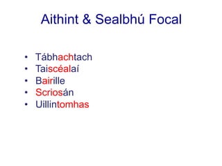 Aithint & Sealbhú Focal
•  Tábhachtach
•  Taiscéalaí
•  Bairille
•  Scriosán
•  Uillintomhas
 