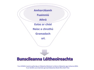 Tá	
  an	
  tSFGM	
  á	
  maoiniú	
  ag	
  Rannóg	
  um	
  Oideachas	
  Múinteoirí	
  na	
  Roinne	
  Oideachais	
  agus	
  Scileanna	
  (ROS).	
  	
  
Tá	
  an	
  tSeirbhís	
  seo	
  á	
  bainis@ú	
  ag	
  Ionad	
  Oideachais	
  Bhaile	
  Átha	
  Cliath	
  Thiar.	
  
	
  
Amharcléamh
Fuaimniú
Athrá
Eolas ar chód
Naisc a chruthú
Gramadach
srl.
 