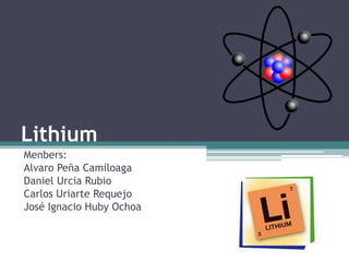 Lithium
Menbers:
Alvaro Peña Camiloaga
Daniel Urcia Rubio
Carlos Uriarte Requejo
José Ignacio Huby Ochoa
 