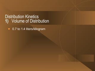 Distribution Kinetics 1)   Volume of Distribution 0.7 to 1.4 liters/kilogram  