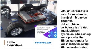 Lithium
Derivatives
Primaryinfo.com
Lithium carbonate is
used for much more
than just lithium-ion
batteries.
Not all lithium
carbonate is created
equal. Lithium
hydroxide is becoming
more popular than
lithium carbonate for
use in manufacturing
lithium-ion batteries
 