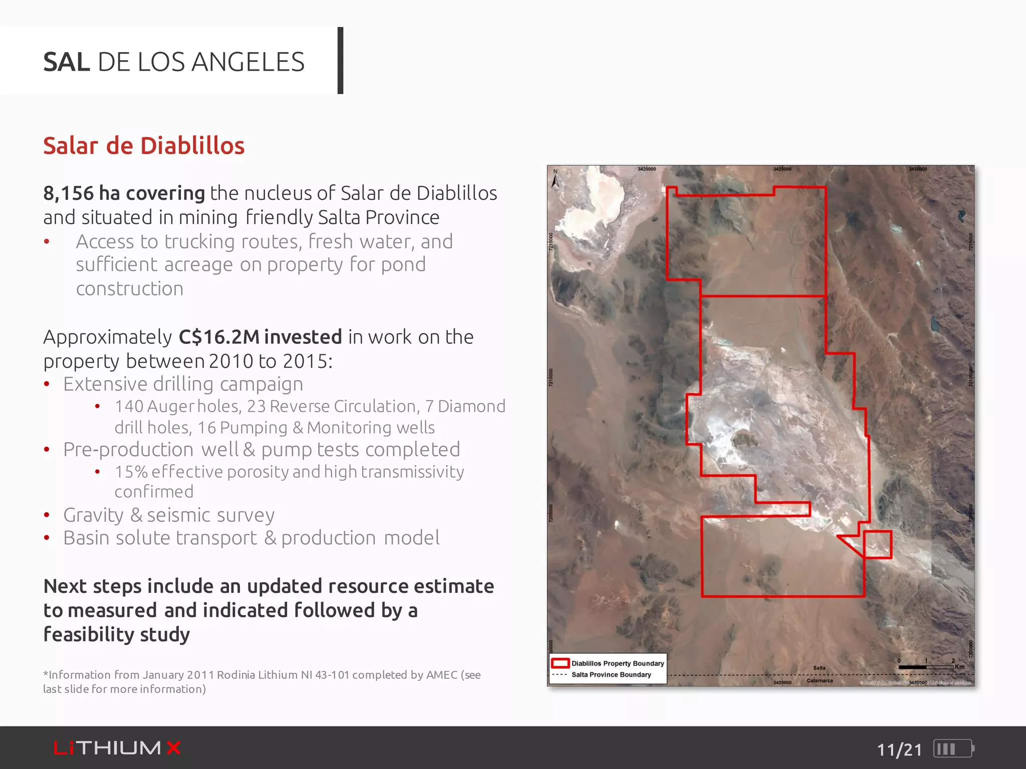 Salar de Diablillos
8,156 ha covering the nucleus of Salar de Diablillos
and situated in mining friendly Salta Province
• Access to trucking routes, fresh water, and
sufficient acreage on property for pond
construction
Approximately C$16.2M invested in work on the
property between2010 to 2015:
• Extensive drilling campaign
• 140 Augerholes, 23 Reverse Circulation, 7 Diamond
drill holes, 16 Pumping & Monitoring wells
• Pre-production well & pump tests completed
• 15% effective porosity and high transmissivity
confirmed
• Gravity & seismic survey
• Basin solute transport & production model
Next steps include an updated resource estimate
to measured and indicated followed by a
feasibility study
11/21
SAL DE LOS ANGELES
*Information from January 2011 Rodinia Lithium NI 43-101 completed by AMEC (see
last slide for more information)
 