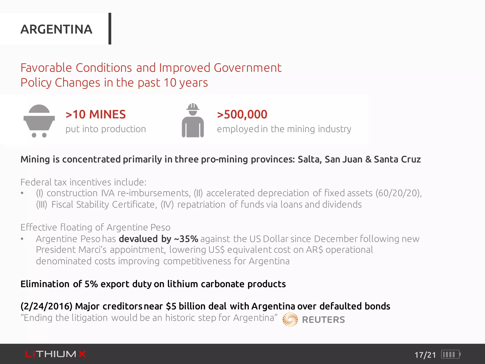 Mining is concentrated primarily in three pro-mining provinces: Salta, San Juan & Santa Cruz
Federal tax incentives include:
• (I) construction IVA re-imbursements, (II) accelerated depreciation of fixed assets (60/20/20),
(III) Fiscal Stability Certificate, (IV) repatriation of funds via loans and dividends
Effective floating of Argentine Peso
• Argentine Pesohas devalued by ~35% against the US Dollar since December following new
President Marci’s appointment, lowering US$ equivalent cost on AR$ operational
denominated costs improving competitiveness for Argentina
Elimination of 5% export duty on lithium carbonate products
(2/24/2016) Major creditorsnear $5 billion deal with Argentina over defaulted bonds
“Ending the litigation would be an historic step for Argentina”
17/21
ARGENTINA
Favorable Conditions and Improved Government
Policy Changes in the past 10 years
>500,000
employedin the mining industry
>10 MINES
put into production
 