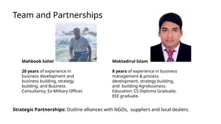 Team and Partnerships
Strategic Partnerships: Outline alliances with NGOs, suppliers and local dealers.
Moktadirul Islam
8 years of experience in business
management & process
development, strategy building,
and building Agrobusiness.
Education: CS Diploma Graduate,
EEE graduate.
Mahboob Sohel
20 years of experience in
business development and
business building, strategy
building, and Business
Consultancy, Ex-Military Officer.
 