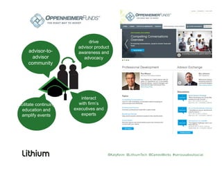 advisor-to-
drive
advisor product
awareness and
advisor
community
awareness and
advocacy
facilitate continuing
education and
amplify events
interact
with firm’s
executives and
experts
@KatyKeim @LithiumTech @CameoWorks #seriousaboutsocial
 