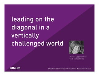 leading on the
diagonal in a
ti llvertically
challenged worldchallenged world
Deanna Oppenheimer
CEO, CameoWorks
@KatyKeim @LithiumTech @CameoWorks #seriousaboutsocial
 