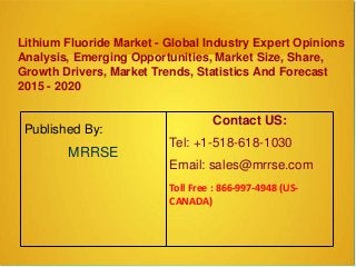 Lithium Fluoride Market - Global Industry Expert Opinions
Analysis, Emerging Opportunities, Market Size, Share,
Growth Drivers, Market Trends, Statistics And Forecast
2015 - 2020
Published By:
MRRSE
Contact US:
Tel: +1-518-618-1030
Email: sales@mrrse.com
Toll Free : 866-997-4948 (US-
CANADA)
 