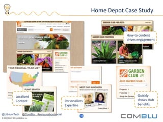 © COPYRIGHT 2013, COMBLU, Inc.
21
Home Depot Case Study
18
Content customization
Home Depot advocacy
examples
Localized
Content Personalizes
Expertise
Quickly
shows club
benefits
How-to content
drives engagement
@LithiumTech @ComBlu #seriousaboutsocial
 